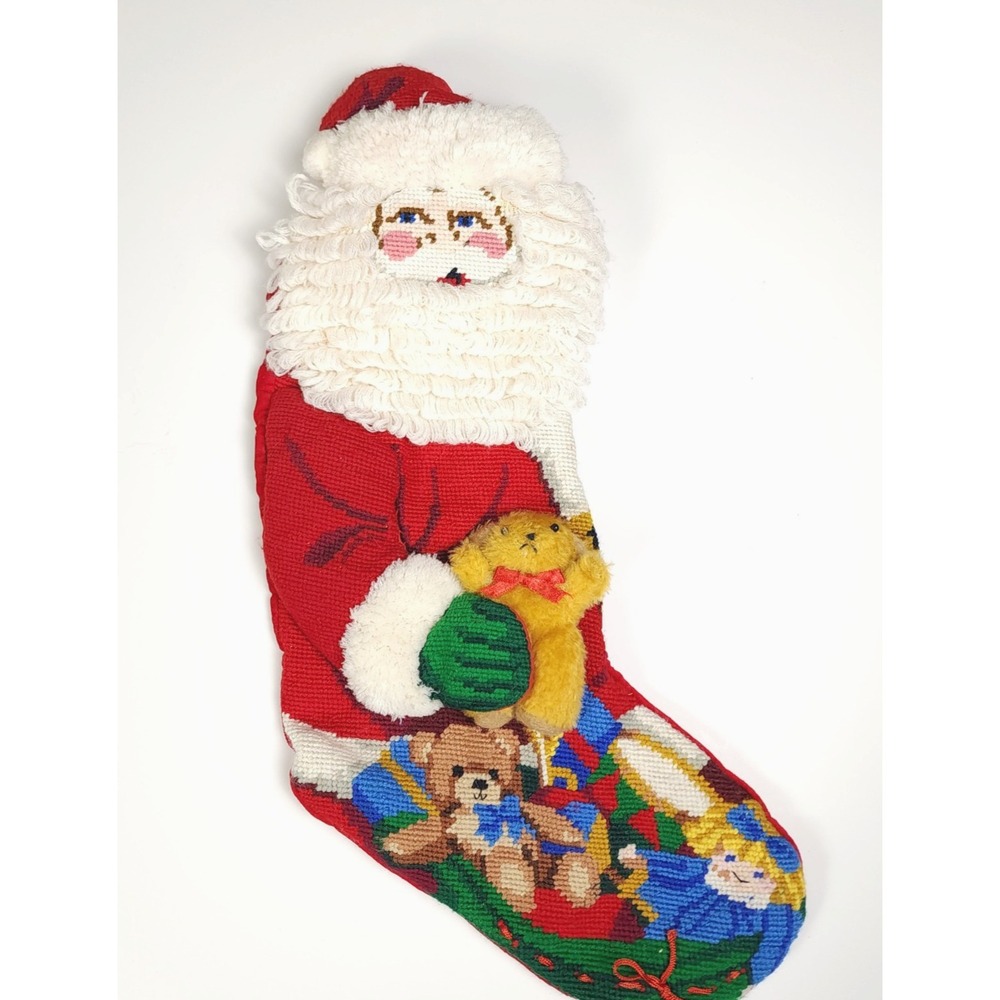 Needlepoint Christmas Stocking Santa Clause with Teddy Bear Vintage Holiday